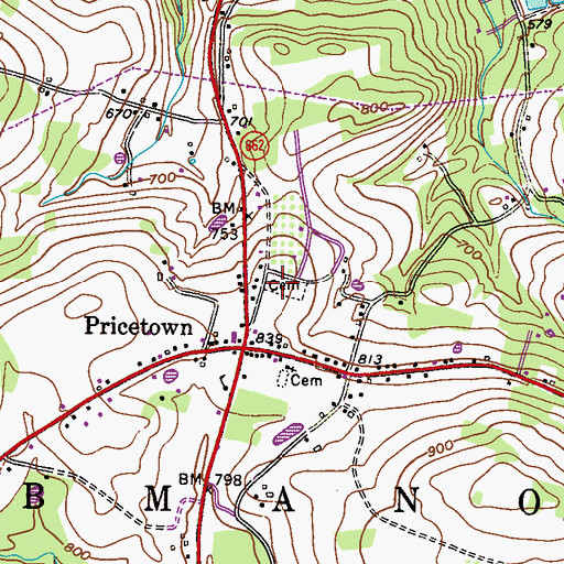 Topographic Map of Saint Johns / Pricetown Cemetery, PA
