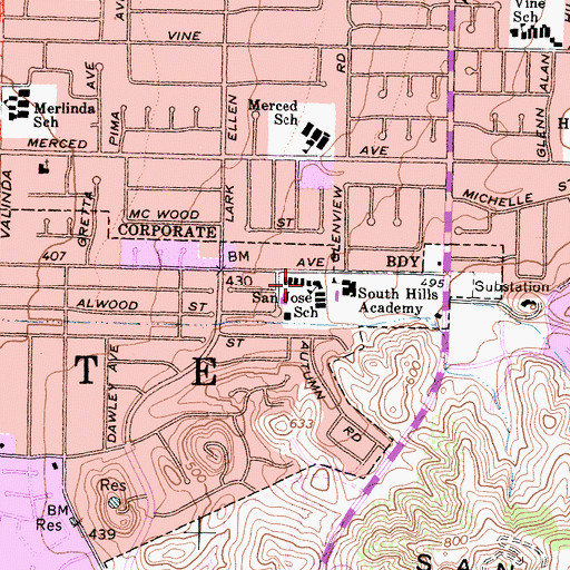 Topographic Map of San Jose School, CA