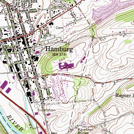 Topographic Map of Hamburg Area High School, PA