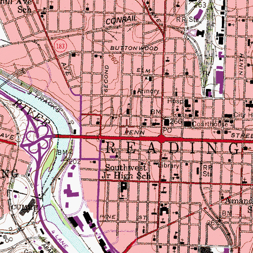 Topographic Map of Reading Fire and Rescue Central West Station, PA