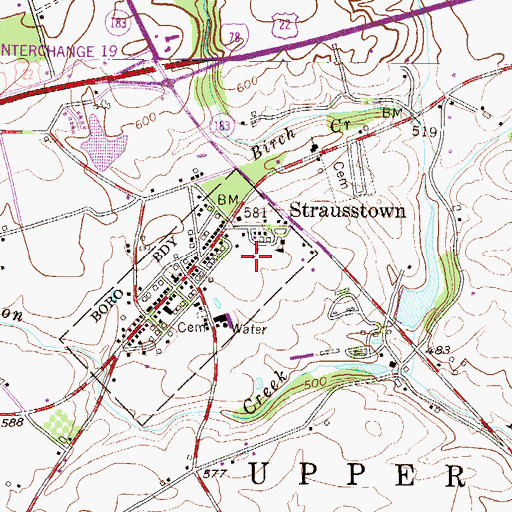Topographic Map of Strausstown Lions Park, PA