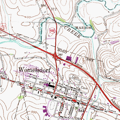 Topographic Map of Womelsdorf Ball Field, PA