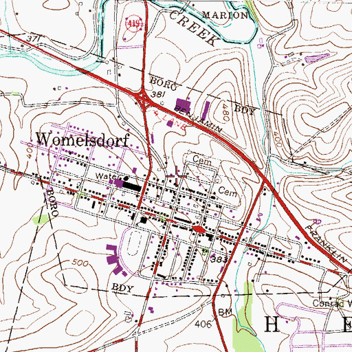 Topographic Map of Womelsdorf Rod and Gun Club, PA