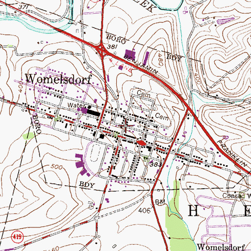 Topographic Map of Womelsdorf Volunteer Fire Company Hall, PA