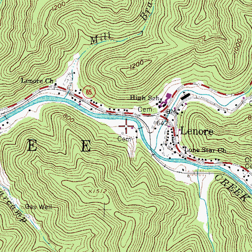 Topographic Map of Lenore PK - 8 School, WV