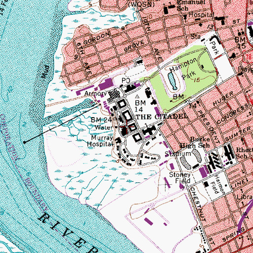 Topographic Map of The Citadel Watts Barracks, SC