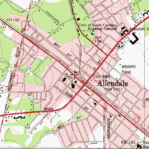 Topographic Map of Allendale Post Office, SC