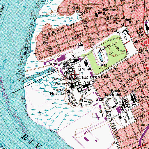 Topographic Map of The Citadel Padgett - Thomas Barracks, SC