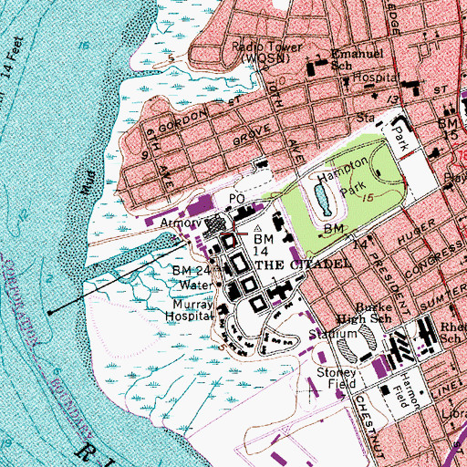 Topographic Map of The Citadel Murray Barracks, SC