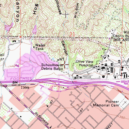 Topographic Map of Schoolhouse Debris Basin, CA