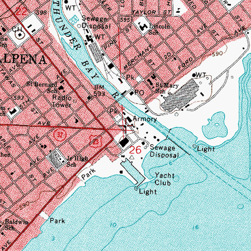 Topographic Map of Alpena County Library, MI