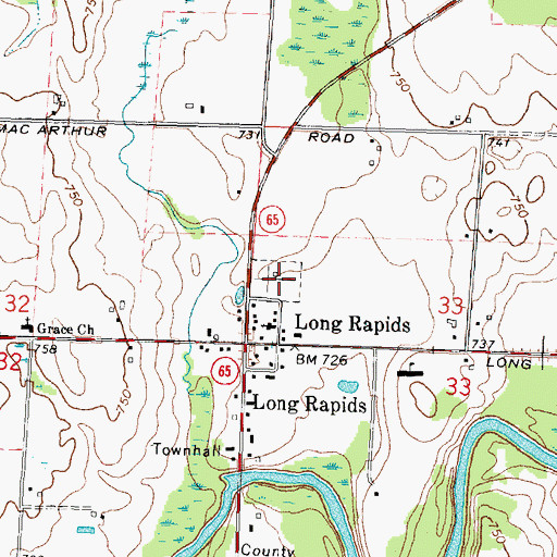 Topographic Map of Long Rapids Cemetery, MI