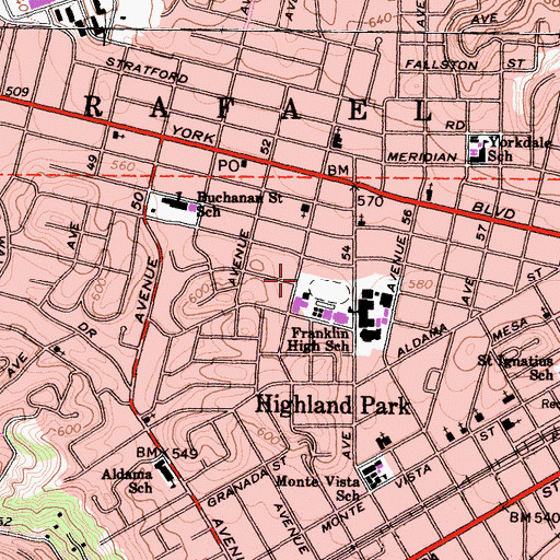 Topographic Map of High Schoolland Park Continuation School, CA
