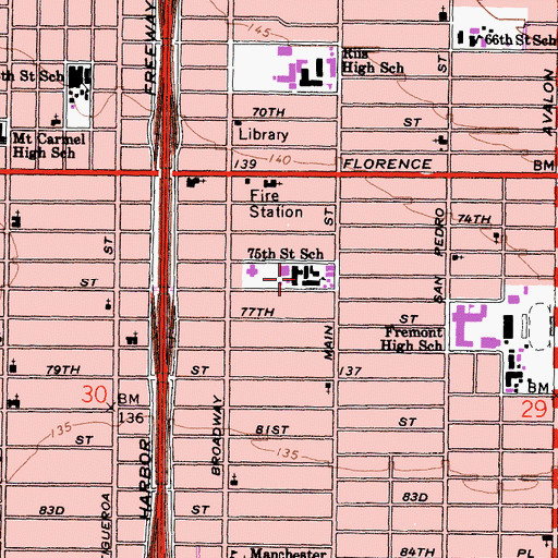 Topographic Map of Seventy-Fifth Street Elementary School, CA