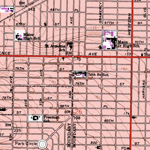 Topographic Map of Seventy-Fourth Street Elementary School, CA