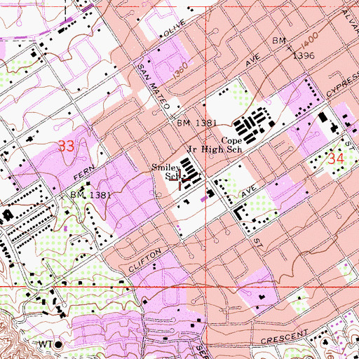 Topographic Map of Smiley Elementary School, CA
