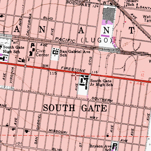 Topographic Map of South Gate Middle School, CA