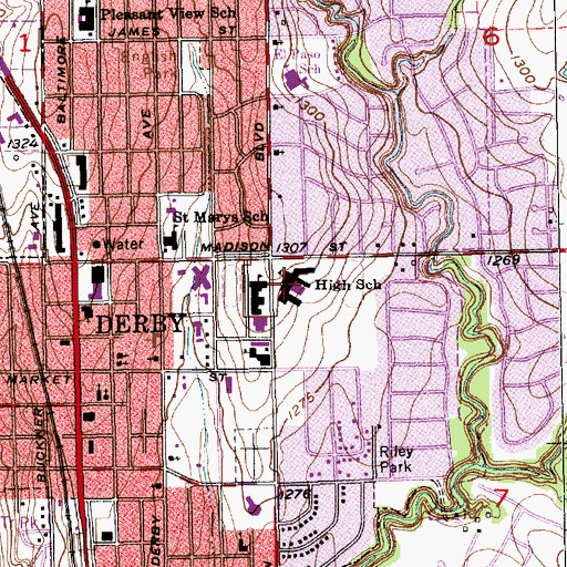 Topographic Map of Derby Middle School, KS