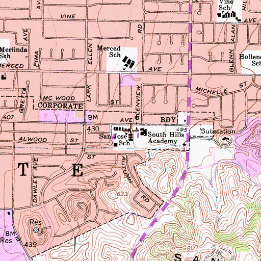 Topographic Map of South Hills Academy, CA