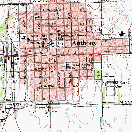 Topographic Map of Anthony Elementary School, KS