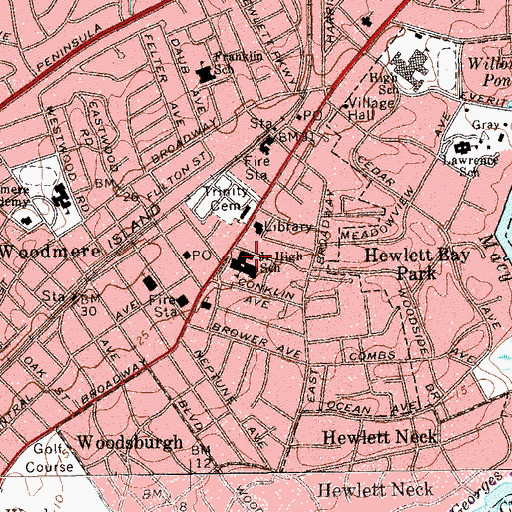 Topographic Map of Woodmere Grammar School (historical), NY