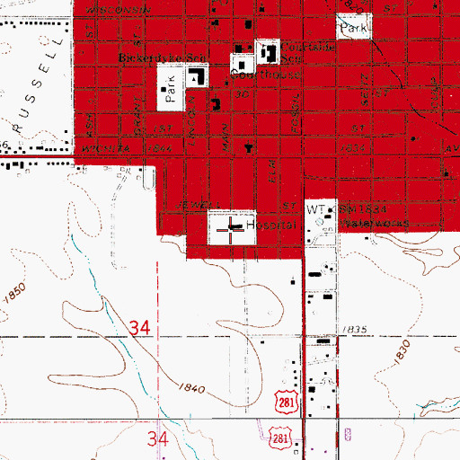 Topographic Map of Russell Regional Hospital, KS