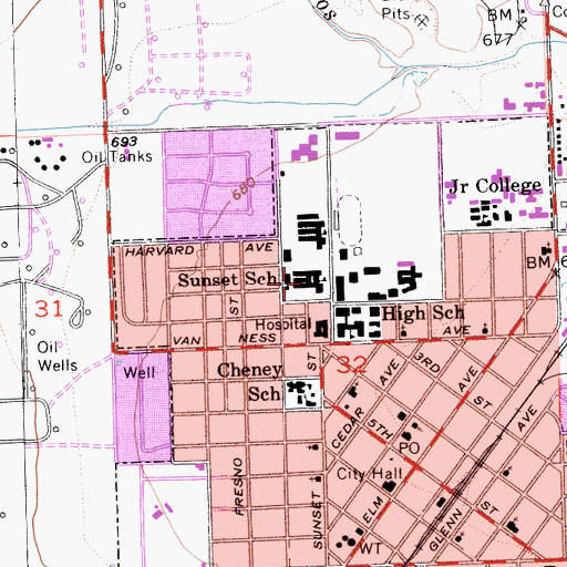 Topographic Map of Sunset Elementary School, CA