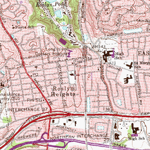 Topographic Map of Roslyn Heights School (historical), NY
