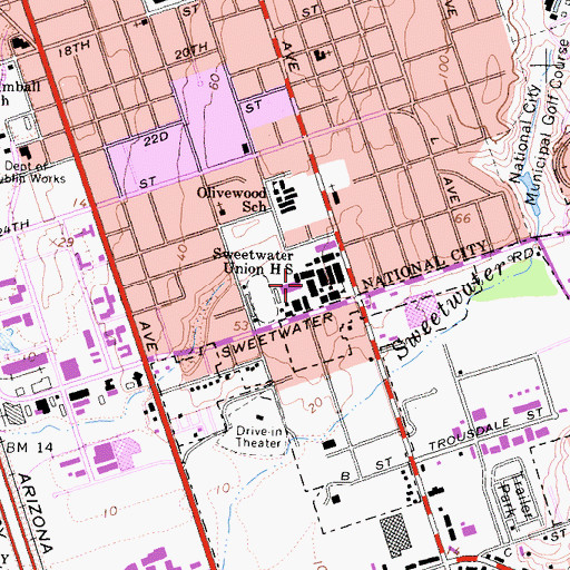 Topographic Map of Sweetwater Senior High School, CA