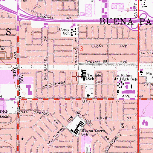 Topographic Map of Raymond Temple Elementary School, CA