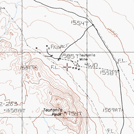 Topographic Map of Teutonia Mine, CA