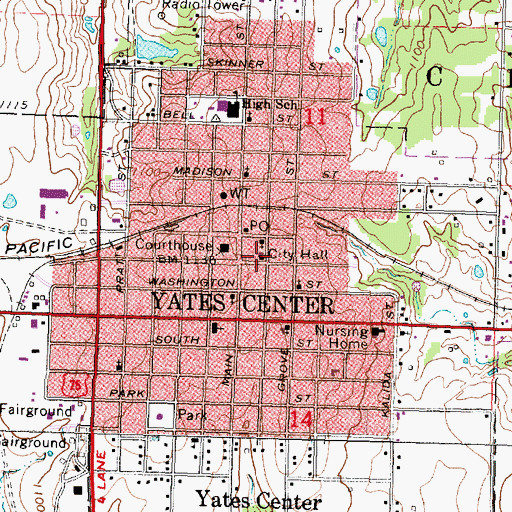 Topographic Map of Yates Center Police Department, KS