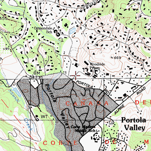 Topographic Map of Woodside Priory School, CA