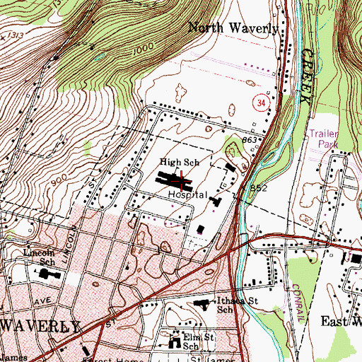 Topographic Map of Waverly Senior High School, NY