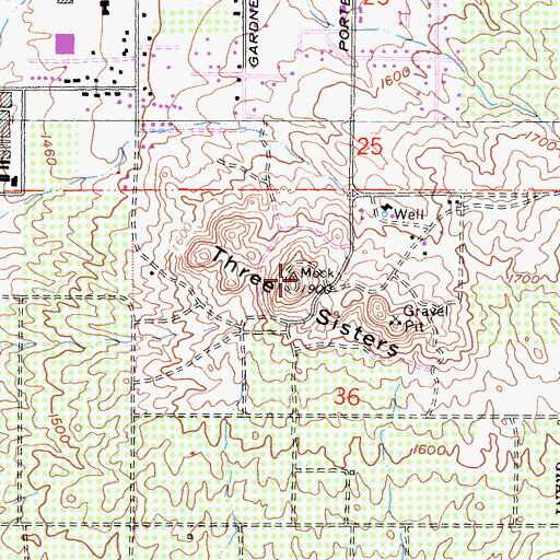 Topographic Map of Three Sisters, CA