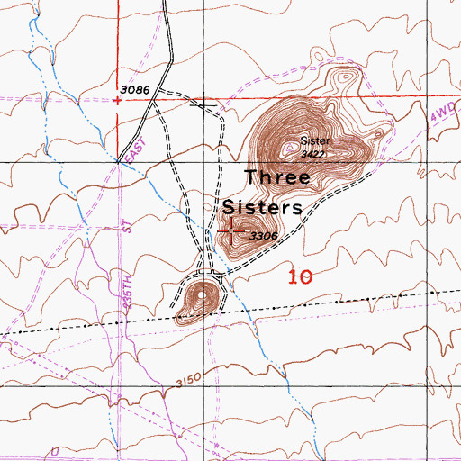 Topographic Map of Three Sisters, CA