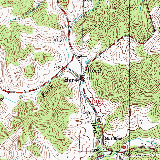 Topographic Map of Herd Post Office (historical), KY