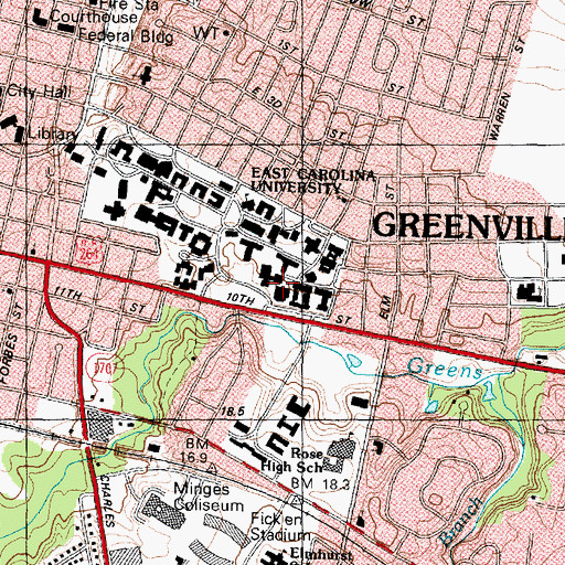 Topographic Map of East Carolina University - Greenville Main Campus Christenbury Memorial Gymnasium, NC