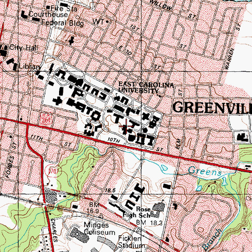 Topographic Map of East Carolina University - Greenville Main Campus Howell Science Complex, NC