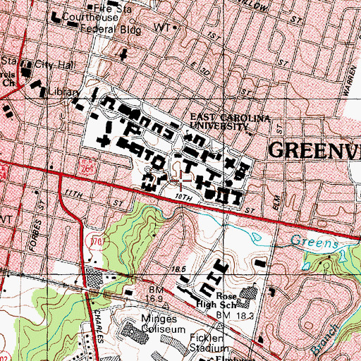 Topographic Map of East Carolina University - Science and Technology Building, NC