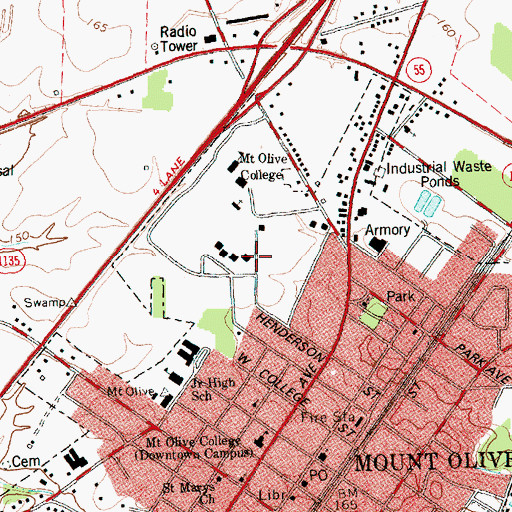 Topographic Map of Mount Olive College - Grantham Hall, NC