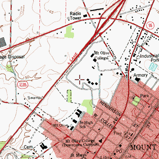 Topographic Map of Mount Olive College - Pope Wellness Center, NC