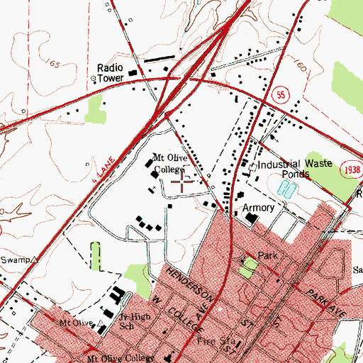 Topographic Map of Mount Olive College - W Burkette and Rose M Raper Hall, NC