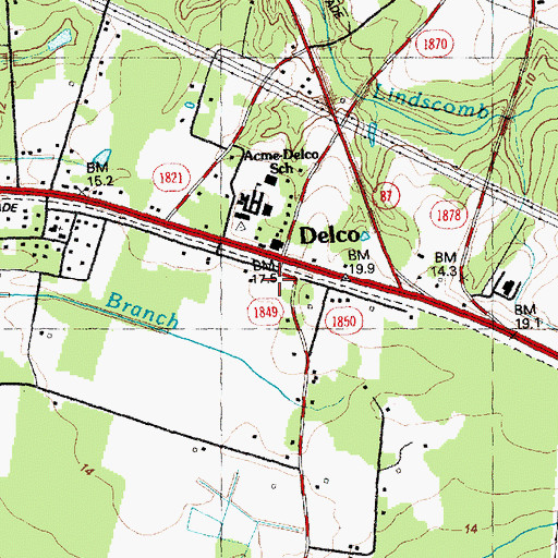 Topographic Map of Delco Post Office, NC