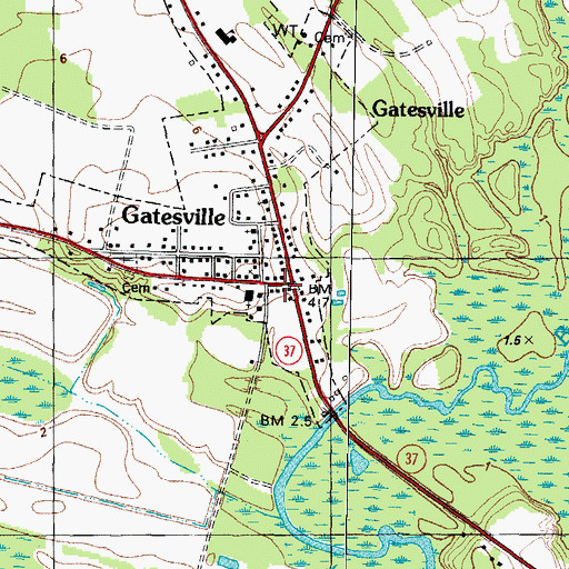 Topographic Map of Gatesville Post Office, NC