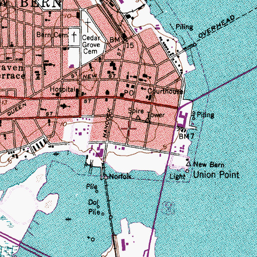 Topographic Map of Downtown New Bern Post Office, NC