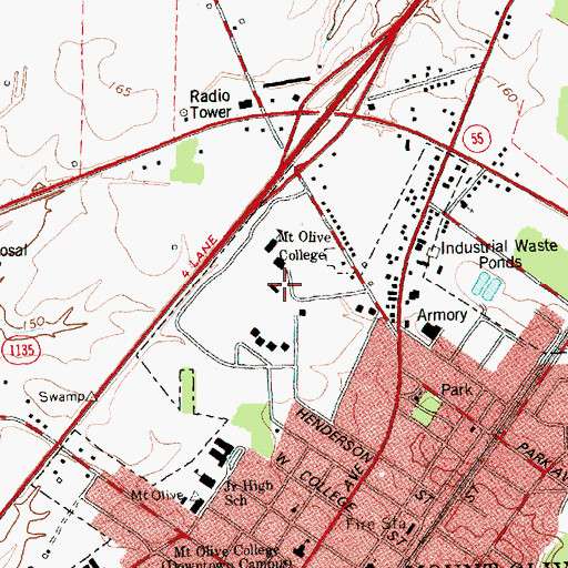 Topographic Map of Mount Olive College - Rodgers Chapel, NC