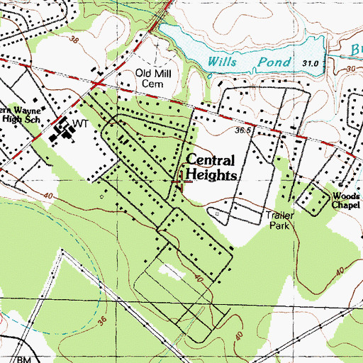 Topographic Map of Central Heights Free Will Church, NC