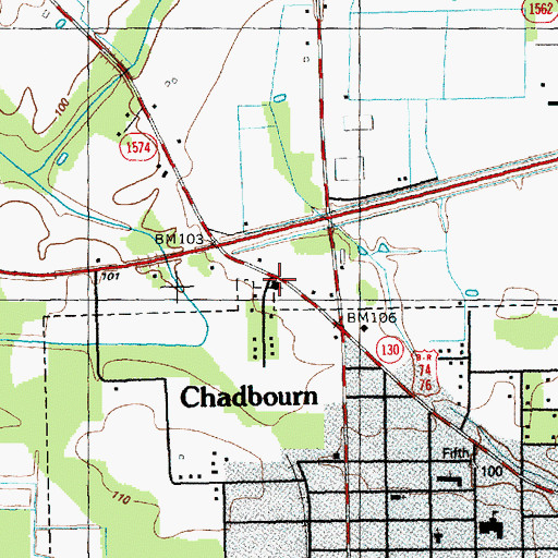 Topographic Map of Chadbourn Church of God, NC