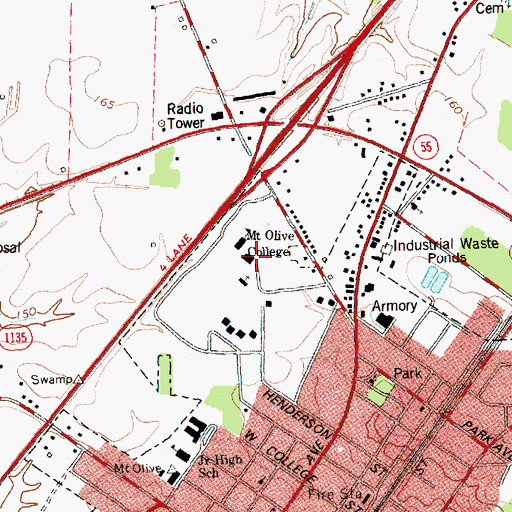 Topographic Map of Mount Olive College - Moye Library, NC